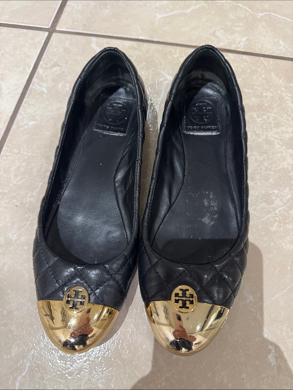 Tory Burch Black Quilted Leather Flats with Gold Cap Toe Logo Size 8M